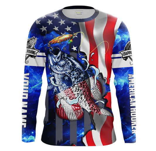 Crappie Fishing American Flag patriotic UV protection Custom name long sleeves UPF 30+ fishing shirt Cornbee