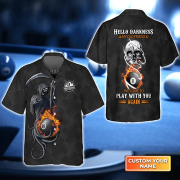 Customized Name Billiard Hawaiian Shirts, Grim Reaper Billiard Pool 8 Ball Hello Darkness Personalized Aloha Shirts For Men - Gift For Billiard Lovers Cornbee