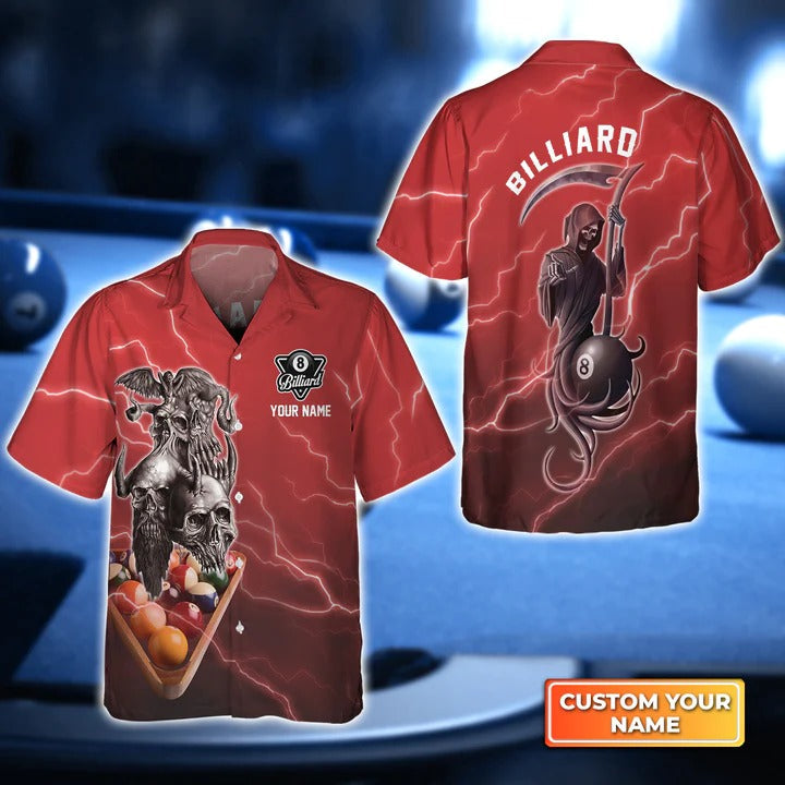 Customized Name Billiard Hawaiian Shirts, Pool 8 Ball Death In Red Lightning Personalized Aloha Shirts For Men - Gift For Billiard Lovers Cornbee