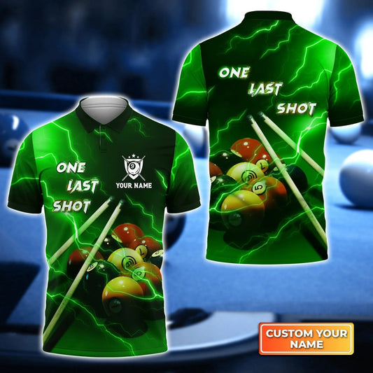 Custom Billiard Men Polo Shirt - One Last Shot Billiard 9 Ball Thunder Lightning Fluor Green Personalized Name, Perfect Billiard Polo Shirt For Men Cornbee