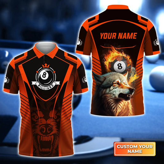 Custom Billiard Men Polo Shirt - Orange Wolf Billiard Pool 8 Ball Team Personalized Name Polo Shirt For Men, Billiard Players, Billiard Lover Cornbee