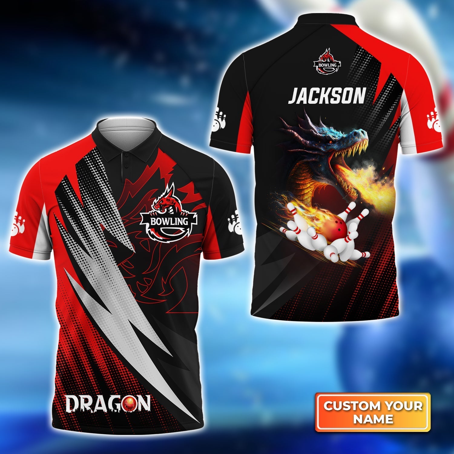 Personalized Dragon Team Red Bowling Ball On Fire  Name All Over Printed Shirt Cornbee