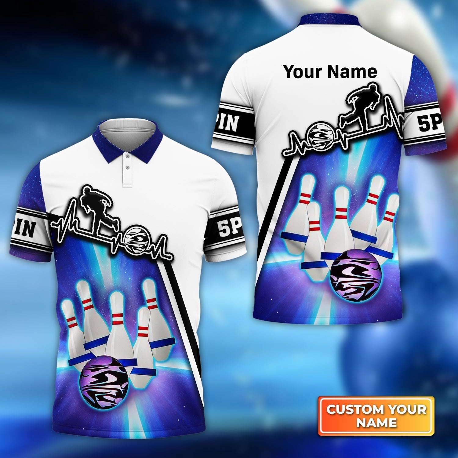Personalized Blue Bowling 5 Pins  Name All Over Printed Shirt Cornbee