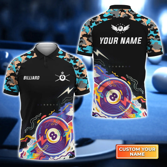 Custom Billiard Men Polo Shirt - Pool 8 Ball Black Blue Watercolor Personalized Name Polo Shirt, Perfect Billiard Polo Shirt For Men, Billiard Players Cornbee