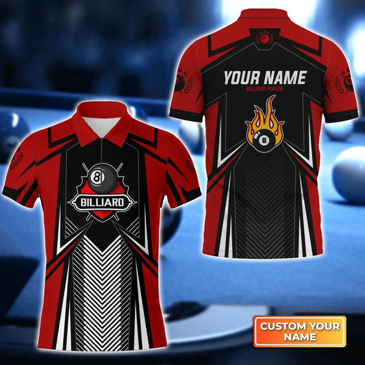 Custom Billiard Men Polo Shirt - Pool 8 Ball On Fire Red Personalized Name Polo Shirt - Perfect Billiard Polo Shirt For Men, Billiard Players Cornbee