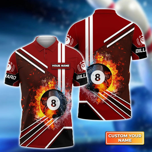 Custom Billiard Men Polo Shirt - Red Billiard Pool 8 Ball On Fire Personalized Name Polo Shirt - Perfect Billiard Polo Shirt For Men, Billiard Lover Cornbee