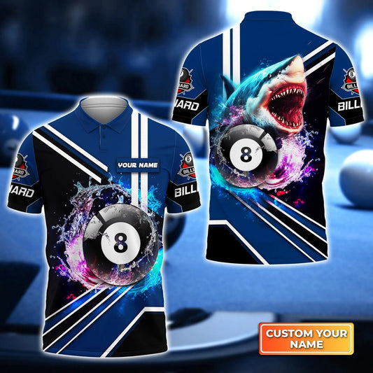 Custom Billiard Men Polo Shirt - Shark Billiard Team Pool 8 Ball Personalized Name Polo Shirt Gift For Men, Billiard Players, Billiard Lover Cornbee