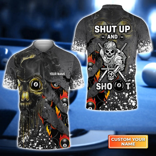 Custom Billiard Men Polo Shirt - Shut Up And Shoot Billiard Pool 8 Ball Personalized Name Polo Shirt, Perfect Billiard Polo Shirt For Men Cornbee
