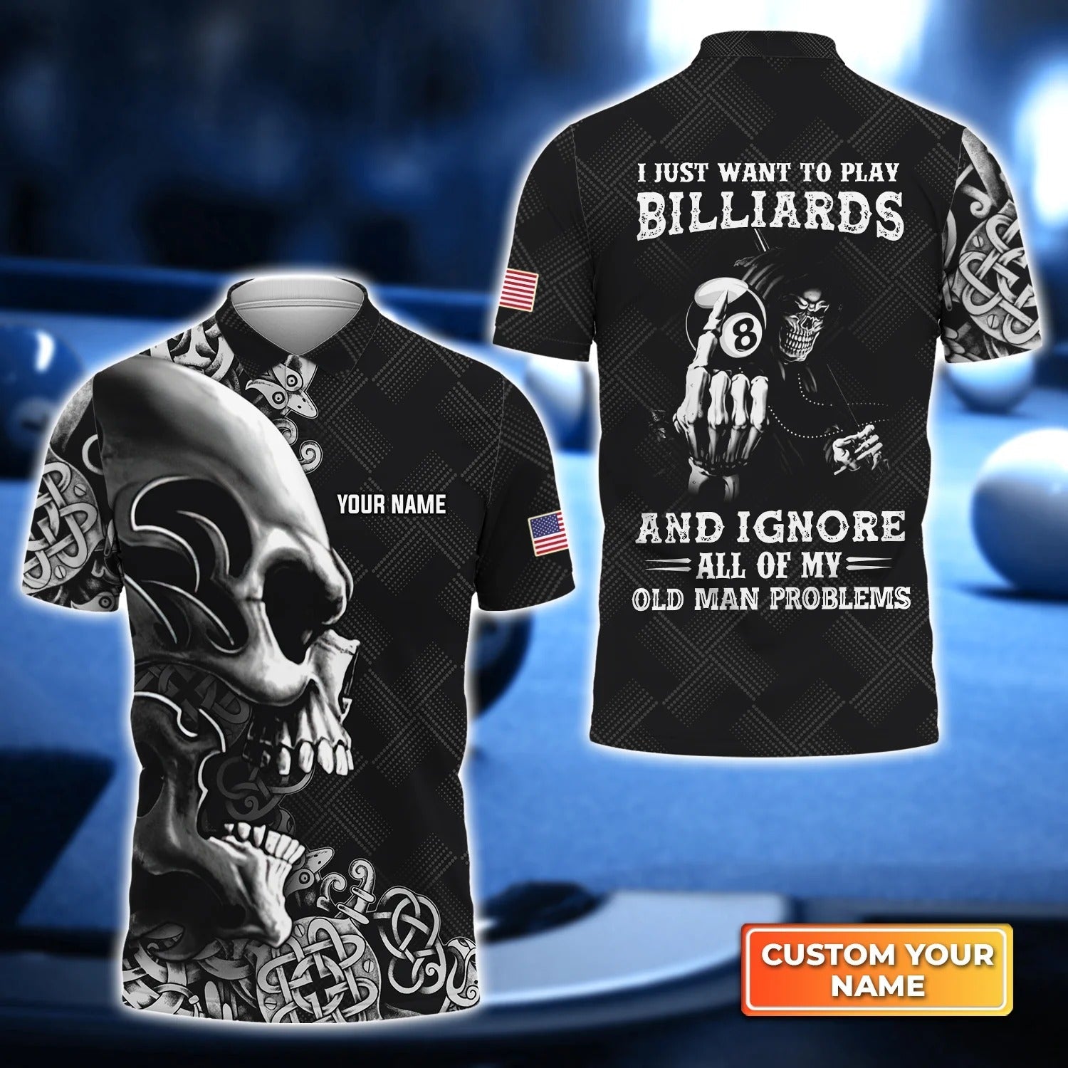 Custom Billiard Men Polo Shirt - Skull Billiard 8-Ball Pool Player Old Men Personalized Name, Perfect Billiard Polo Shirt For Men, Billiard Players Cornbee