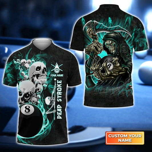 Custom Billiard Men Polo Shirt - Skull Grim Reaper Billiards Personalized Name Polo Shirt, Perfect Billiard Polo Shirt For Men, Billiard Players Cornbee