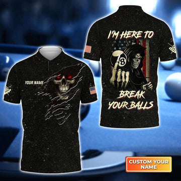 Custom Billiard Men Polo Shirt - Skull Pool 8 Ball I'm Here To Break Your Balls Personalized Name, Perfect Billiard Polo Shirt For Men, Billiard Players Cornbee