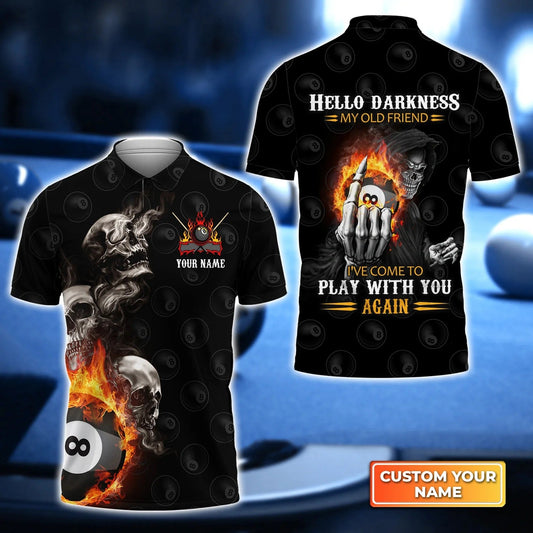 Custom Billiard Men Polo Shirt - Skull Reaper Billiard Pool 8 Ball Hello Darkness My Old Friend Personalized Name Polo Shirt Gift For Men Cornbee