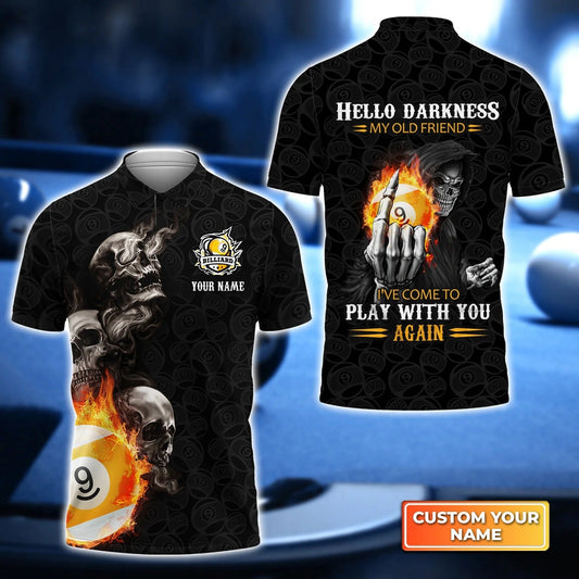 Custom Billiard Men Polo Shirt - Skull Reaper Billiard Pool 9 Ball Hello Darkness My Old Friend Personalized Name, Perfect Billiard Polo Shirt For Men Cornbee