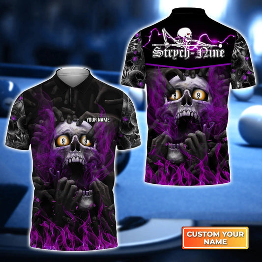 Custom Billiard Men Polo Shirt - Strych-Nine Pool 8 Ball Skull On Fire Personalized Name, Perfect Billiard Polo Shirt For Men, Billiard Players Cornbee