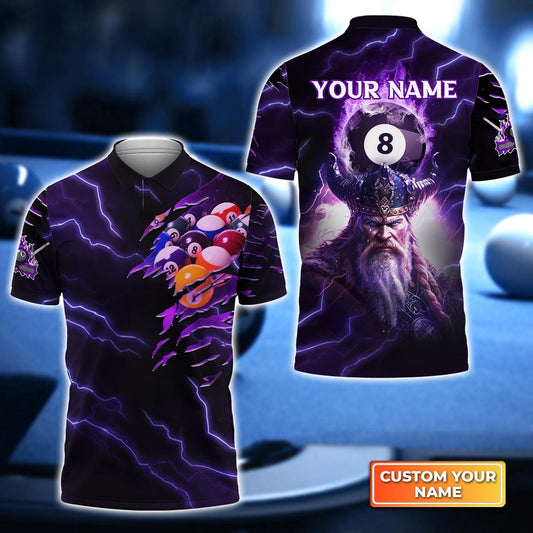Custom Billiard Men Polo Shirt - Thunder Pattern Viking Billiard Pool 8 Ball Personalized Name, Perfect Billiard Polo Shirt For Men, Billiard Players Cornbee