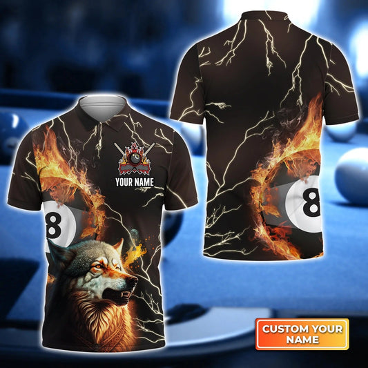 Custom Billiard Men Polo Shirt - Wolf On Fire Billiard Pool 8 Balls Personalized Name, Perfect Billiard Polo Shirt For Men, Billiard Players Cornbee