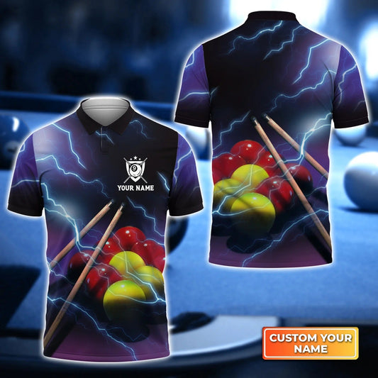 Custom Billiard Men Polo Shirt - Yellow and Red Billiard Ball Thunder Lightning Personalized Name, Perfect Billiard Polo Shirt For Men,Billiard Players Cornbee