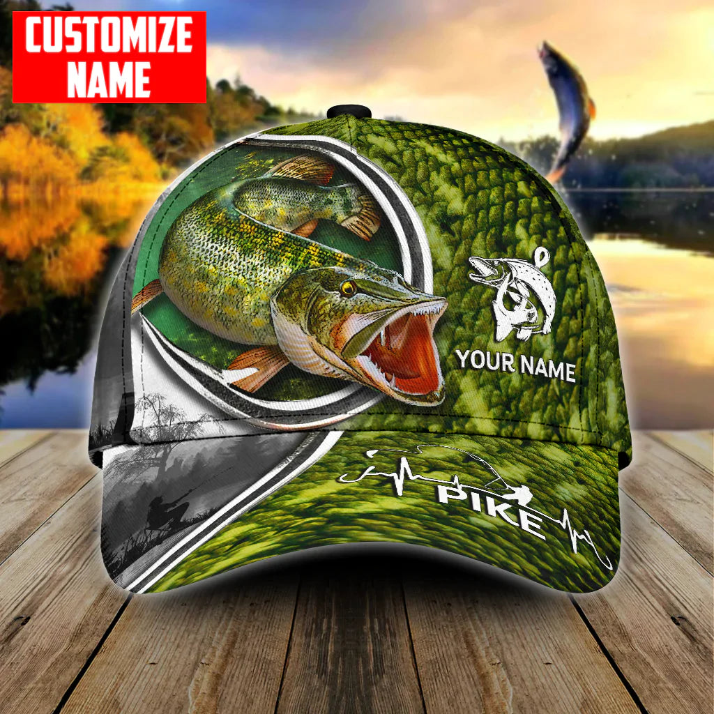 Cornbee Custom Name Northern Pike Fishing Heart Beat Hook Printed Classic Cap SO0501