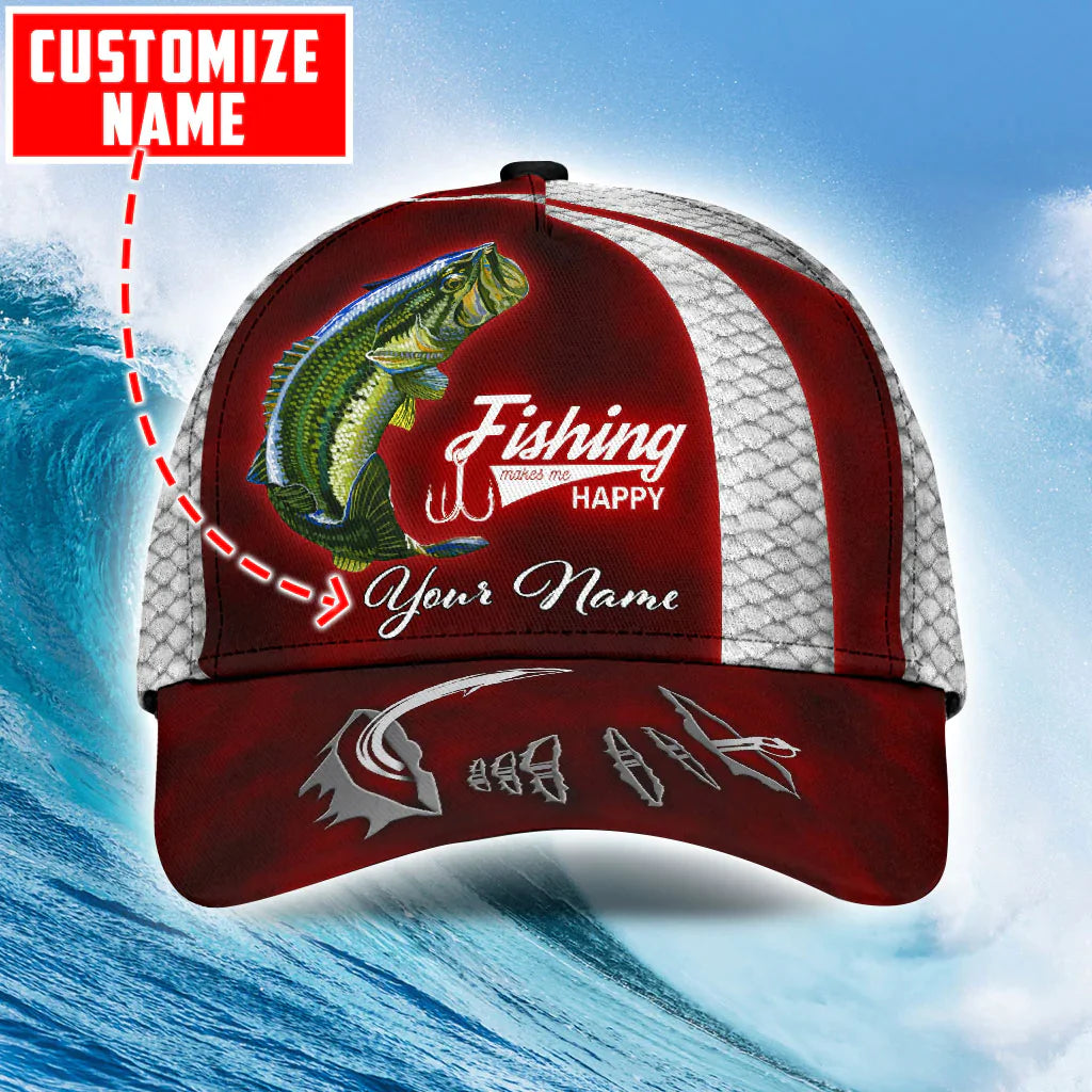 Cornbee Custom Name Bass Fishing Red hat Hook print Cap SO0501