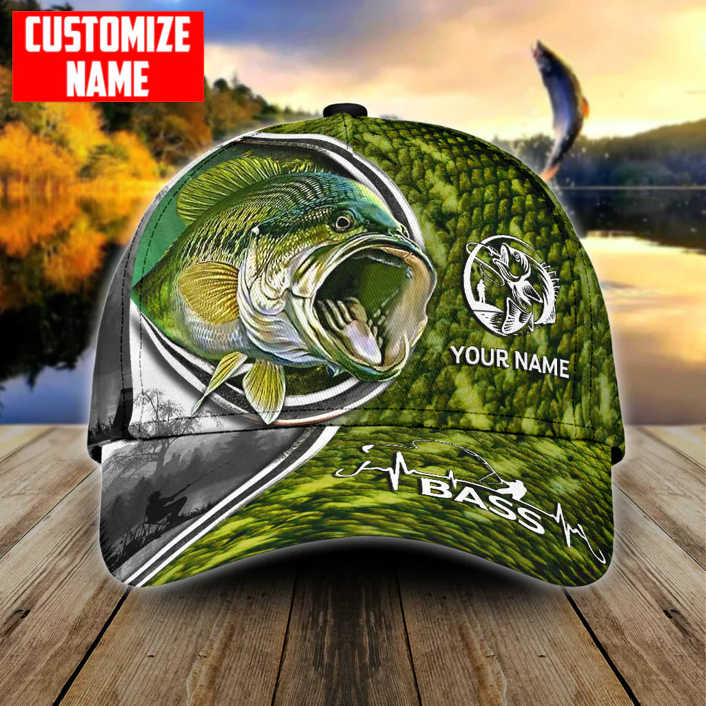 Cornbee Custom Name Largemouth Bass Fishing Heart Beat Hook Printed Classic Cap SO0501