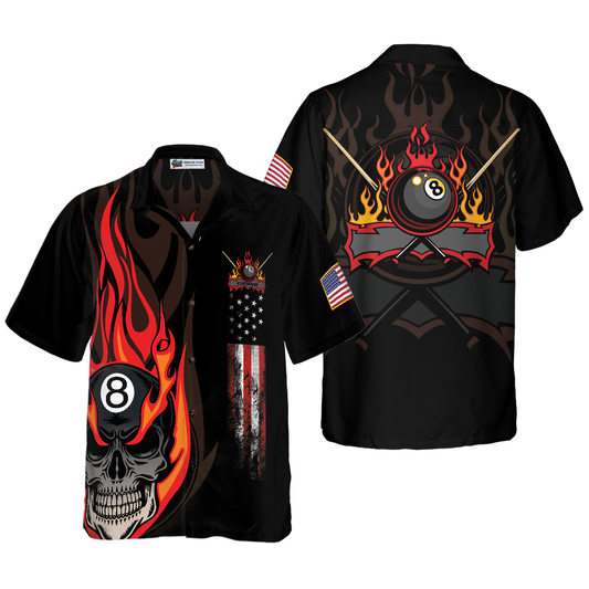 Billiard Hawaiian Shirt, Flame Skull Billiard Pool American Flag Hawaiian Shirt For Men Women, Gift For Friend, Billiard Lovers Cornbee