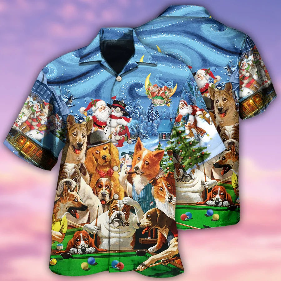 Billiard Hawaiian Shirt, Funny Dogs Aloha Hawaiian Shirt, Billiard Dogs Merry Christmas Aloha Shirt For Men - Gift For Billiard Lovers, Dog Lovers Cornbee
