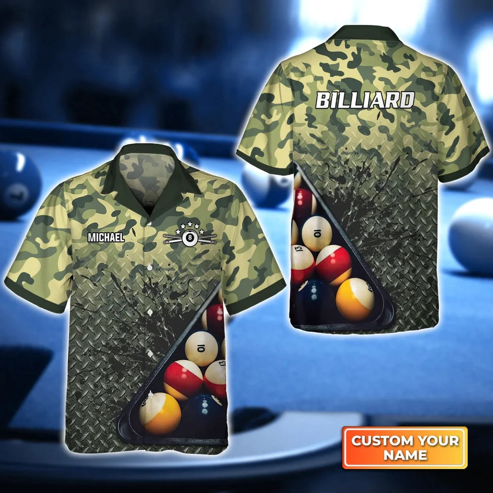 Billiard Hawaiian Shirt Custom Name, Green Camo Personalized Aloha Hawaiian Shirt For Men - Perfect Gift For Billiard Lovers, Billiard Players Cornbee