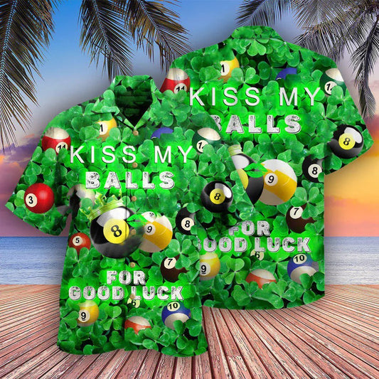 Billiard Hawaiian Shirt, Lucky Leaves Aloha Hawaiian Shirt, Kiss My Balls Billiard Aloha Shirt For Men - Gift For Billiard Lover, Saint Patricks Day Cornbee